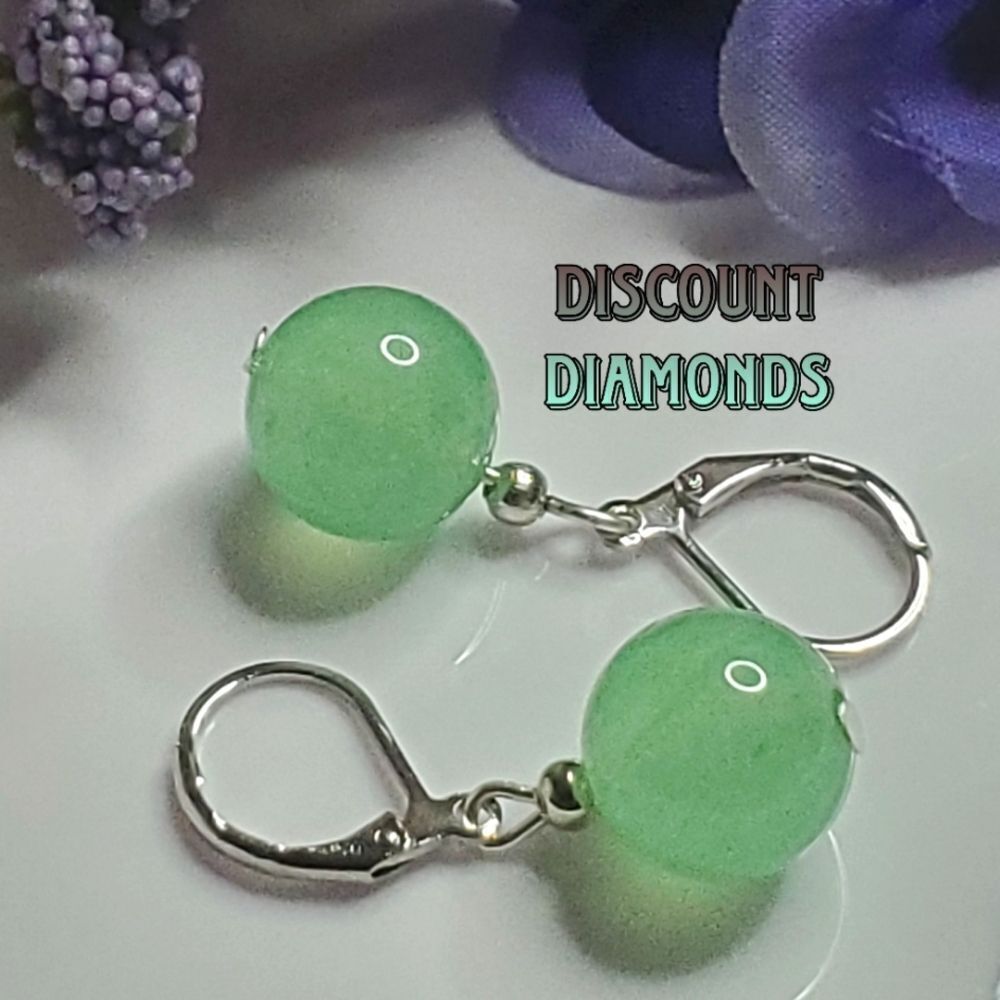 Green Jade Drop Dangle Leverback Earrings on 925 Sterling Silver